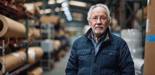 an older man standing inside a warehouse with a roll of paper behind him