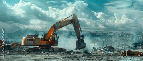 an excavator is working on a site under blue sky with cloudy saatie