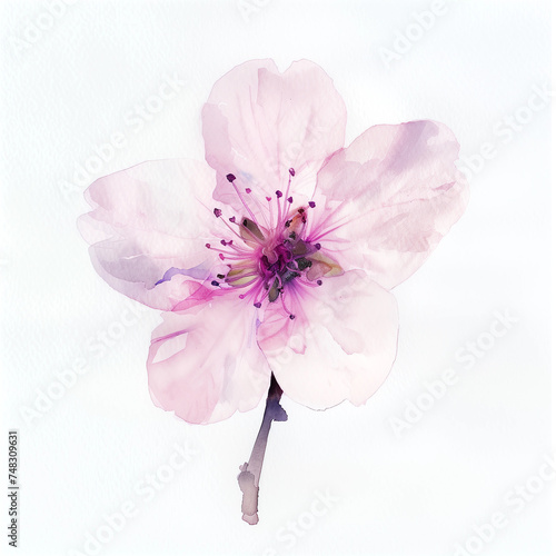 Pink sakura flower closeup on white background, watercolor sketch