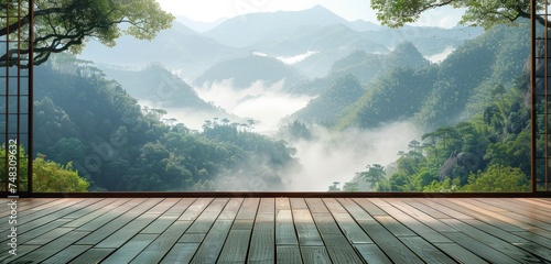 bamboo floor overlooking mountain scenery