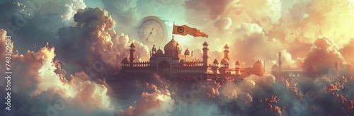 an indian flag in the clouds, with a clock spinning photo