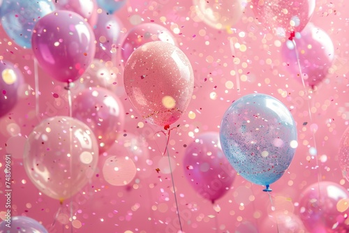 balloons and masks were confetti on a pink background