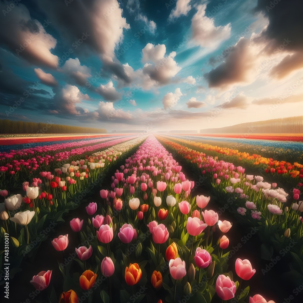 Sunset Tulip Fields with Fluffy Clouds