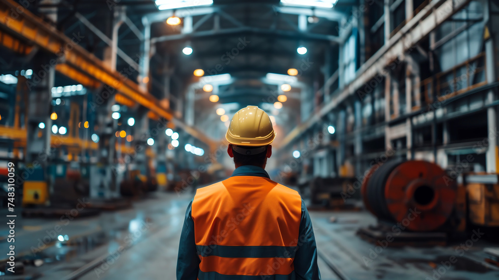Worker in a reflective vest and helmet in a factory representing industry, safety, manufacturing, and engineering. Worker in a reflective vest and helmet in a factory representing industry, safety, manufacturing, and engineering.
