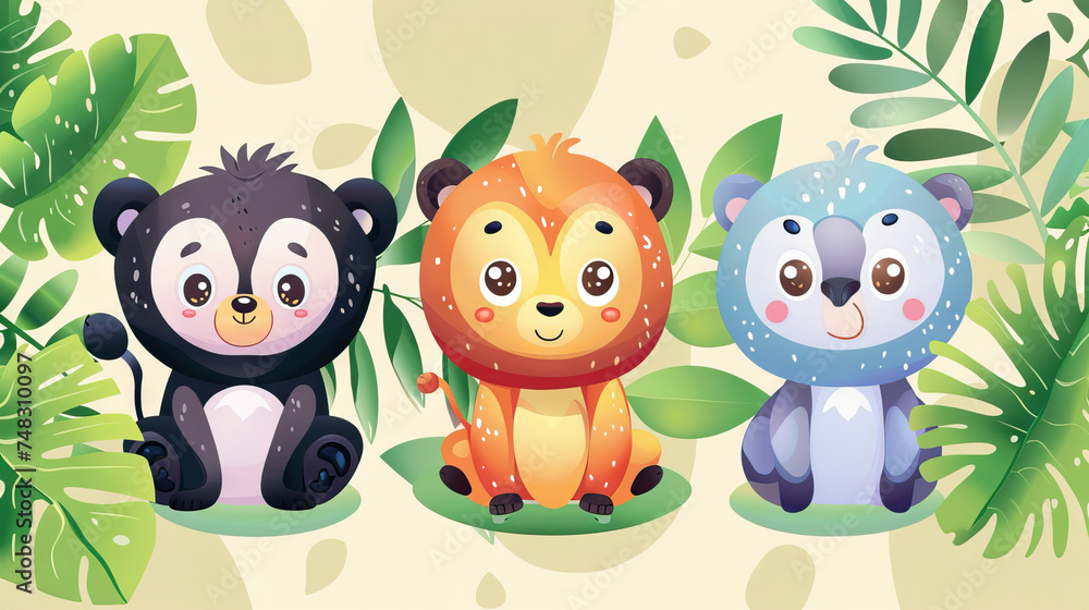 Naklejka premium Adventurous Animal Friends: Cute and Colorful Characters for Kids' Games. Icon Concept Isolated Premium Vector.
