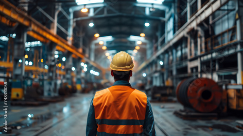 Worker in a reflective vest and helmet in a factory representing industry, safety, manufacturing, and engineering.