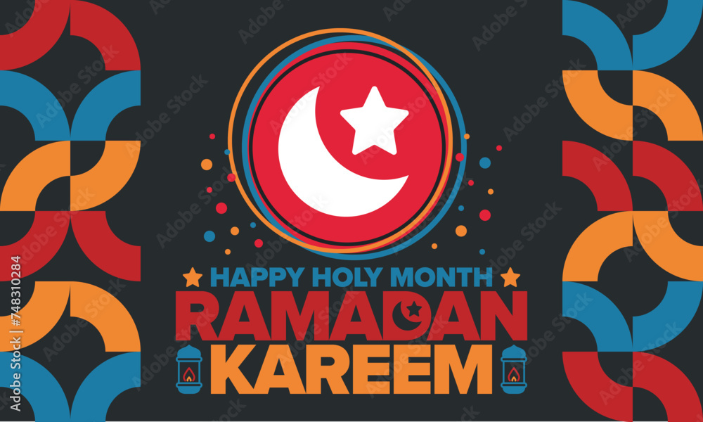 Ramadan Kareem. Happy Holy Month. Crescent, moon, star and lantern. Arabian holiday. Flat style. Greeting card. Creative art. Vector illustration