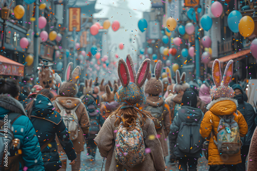 A festive Easter parade with colorful bonnets and costumes.