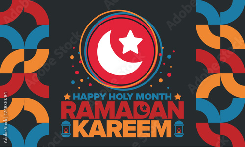 Ramadan Kareem. Happy Holy Month. Crescent  moon  star and lantern. Arabian holiday. Flat style. Greeting card. Creative art. Vector illustration