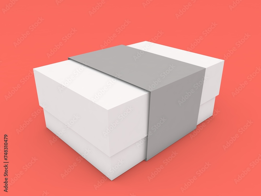 Obraz premium Packaging paper box with ribbon, mockup on red background. 3d render illustration.