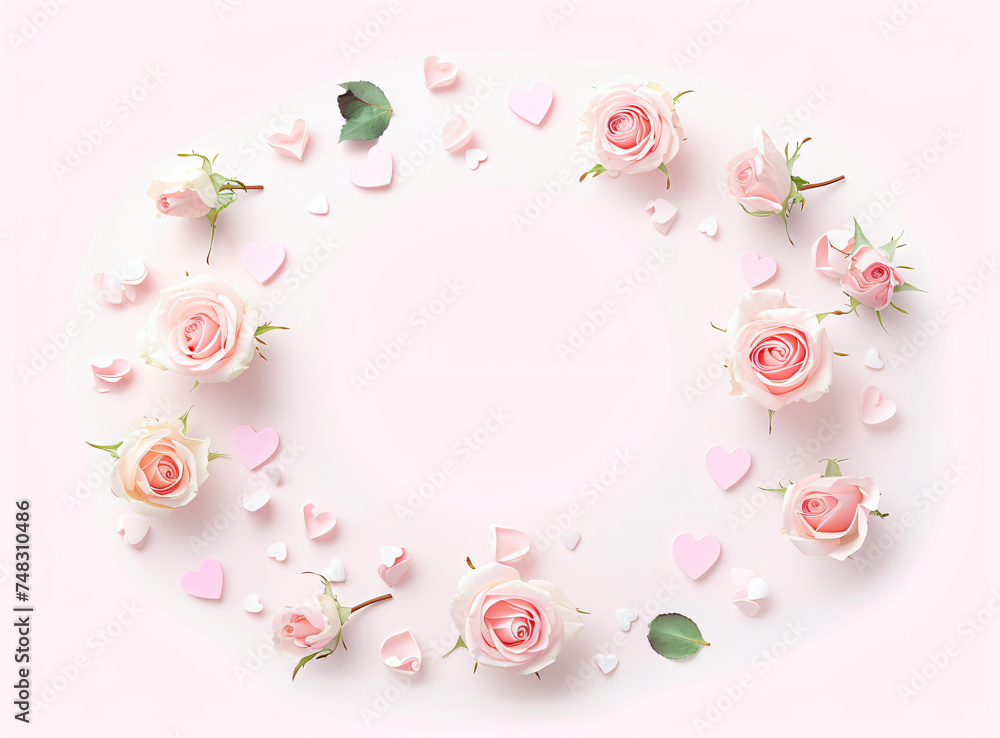 Frame made of rose flowers, petals and heart shaped confetti on light pink background. Floral composition. Valentine's, Mother's and Women's day greeting card with copy space Frame made of rose flowers, petals and heart shaped confetti on light pink background. Floral composition. Valentine's, Mother's and Women's day greeting card with copy space