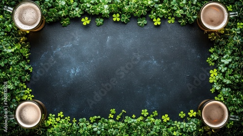 a black board surrounded by green plants with beer glasses and mugs in front of it on a dark background.