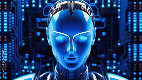 Robot man in glossy style on the background of computer system boards