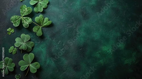 a group of four leaf clovers sitting on top of a dark green surface with a green chalkboard in the background. photo