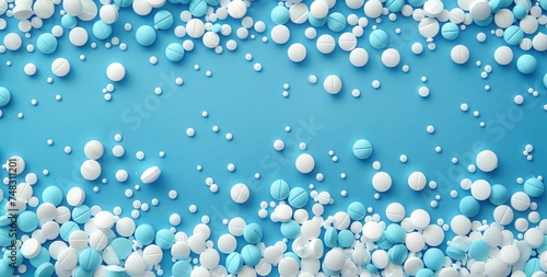 blue and white pills scattered on a blue background