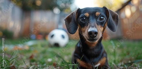 dachshund and a soccer ball in the background