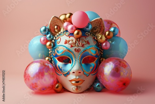 colorful mask balloon and colorful balloons on pink background