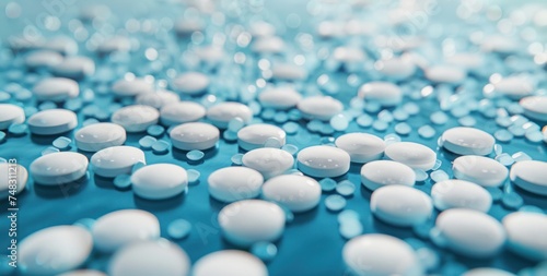 blue and white pills scattered on a blue background