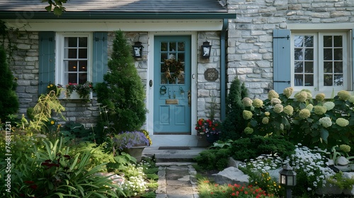 A detail of a front door on home with stone and white bricking siding, beautiful landscaping, and a colorful blue - green front door.  © Ziyan