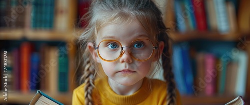 cute little girl with funny glasses and a few books young girl