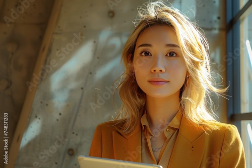business woman standing by window with tablet