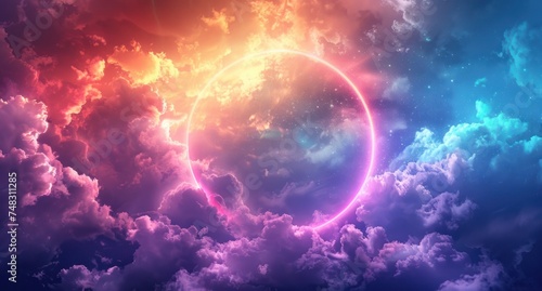 Colored circles and rays of light in the clouds form a rainbow circle.