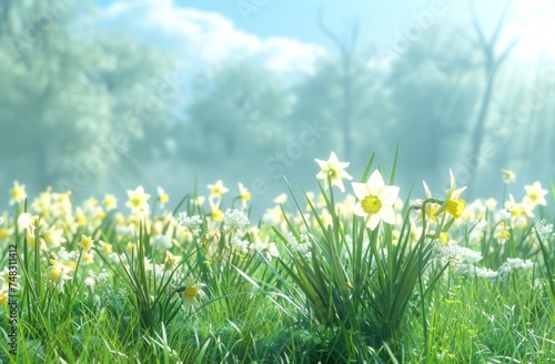 daffodils in a grassy green area in spring sun light © olegganko