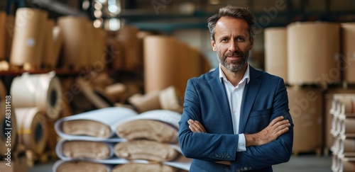 company owner stands in front of rolls of paper in a warehouse