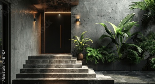 black front door with a plant on stairs and steps