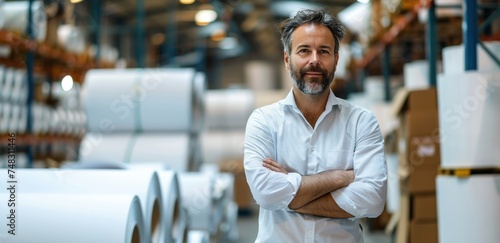 company owner stands in front of rolls of paper in a warehouse