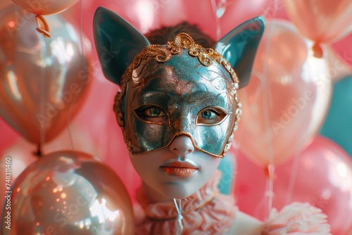carnival mask with balloons on a pink background