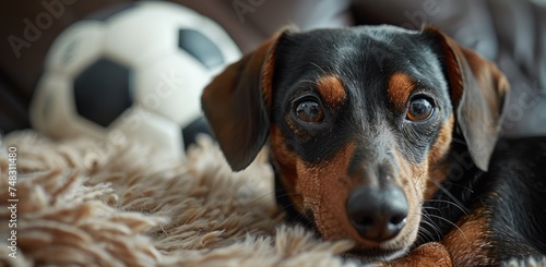 dachshund and a soccer ball in the background