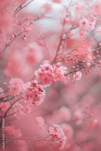 a pink blossoming cherry tree in the forest  in the style of soft and dreamy atmosphere  chinese tradition  out of focus  symmetrical arrangements  