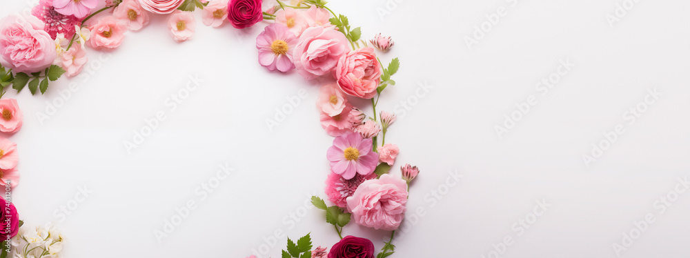 Spring soft pink flowers on a white background, top view. Flat lay with flowers, copy space for text. Minimalistic composition of different flowers for banners or cards