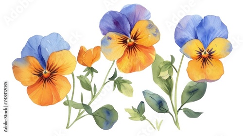 a painting of three blue and yellow pansies with green leaves on the bottom and bottom of the pansies.