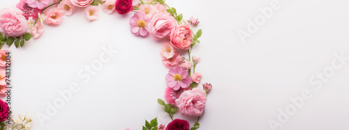 Spring soft pink flowers on a white background, top view. Flat lay with flowers, copy space for text. Minimalistic composition of different flowers for banners or cards