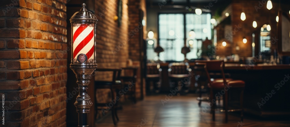 Naklejka premium Rotating barber pole mounted on a brick wall