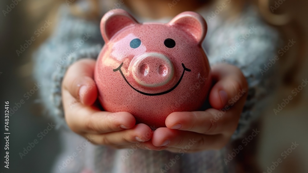 A woman holds a pink piggy bank in her hands A woman holds a pink piggy bank in her hands