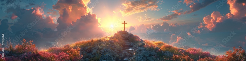 A cross stands atop a hill, encircled by clouds in the sky A cross stands atop a hill, encircled by clouds in the sky