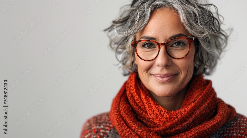 A woman wearing glasses and a red scarf A woman wearing glasses and a red scarf