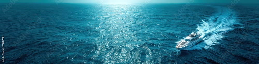 A boat sails in the vast expanse of the ocean, surrounded only by water A boat sails in the vast expanse of the ocean, surrounded only by water