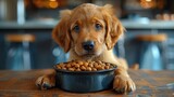 A dog is happily eating from a bowl