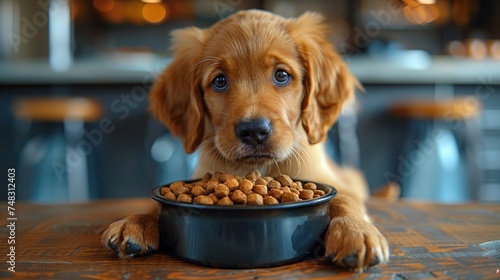 A dog is happily eating from a bowl