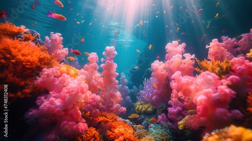 An underwater view of a vibrant coral reef teeming with colorful corals