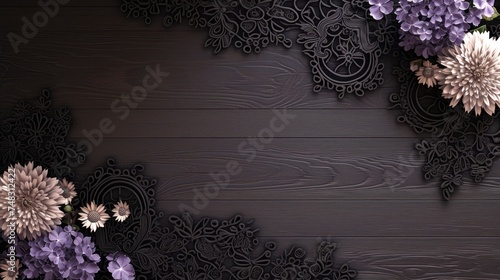 a bunch of flowers that are sitting on a wooden table in front of a black background with white and purple flowers. photo