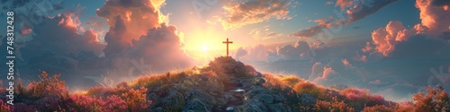 A cross stands atop a hill, encircled by clouds in the sky