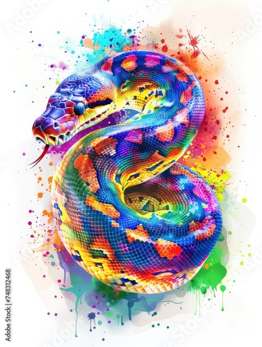 whole budy Boa Constrictor in a painted style with colored paint splatters, rainbow colors on a white background --ar 3:4  photo