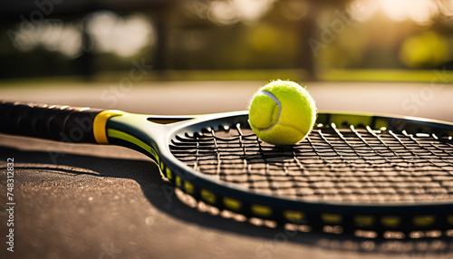 Closeup of a Tennis racket and ball in the tennis court floor ready for sports recreation competition activity  © Kevin S.