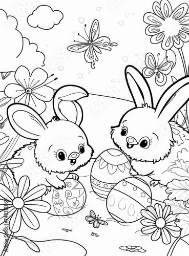 easter coloring pages with the little chiken and bunny finding easter eggs surrounded by flowers and butterflies, in the style of realistic yet stylized, kurzgesagt, simple bold outline, toyen