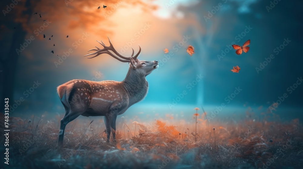 a deer standing in the middle of a forest with a butterfly flying above it and a butterfly flying above it. a deer standing in the middle of a forest with a butterfly flying above it and a butterfly flying above it.